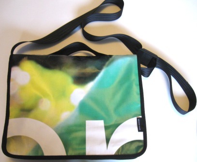 Recycled laptop bag made from Green Party election banner.